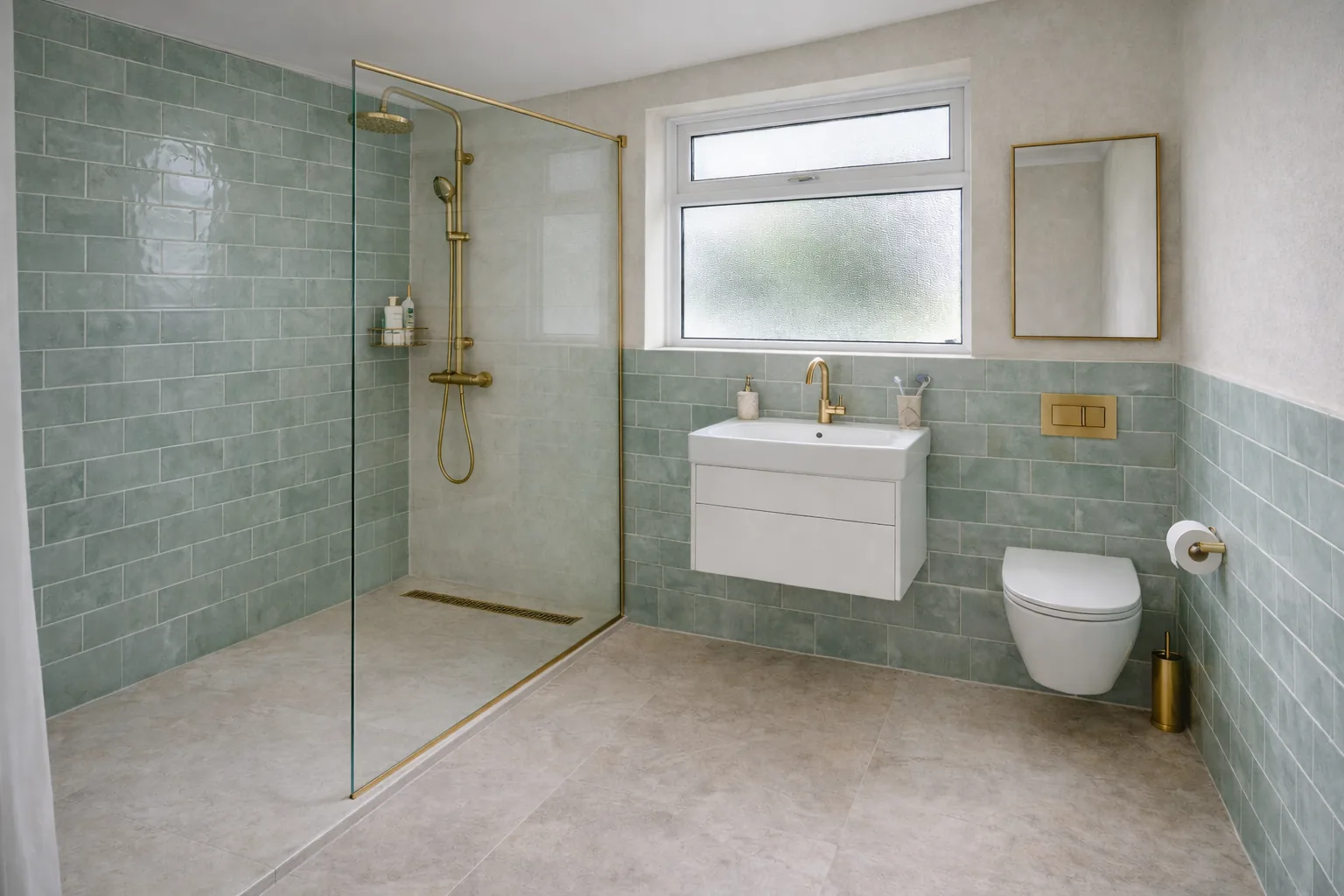 Bathroom after renovation: modern walk-in shower with sage green tiles and brass fittings